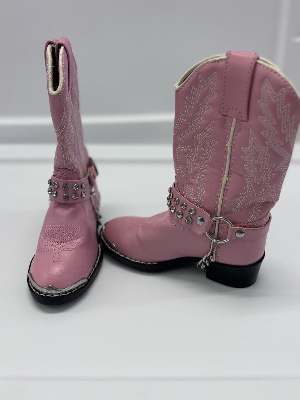 Durango BT568 Kids Pink Leather Western Boots Rhinestone Studded Chain 9.5